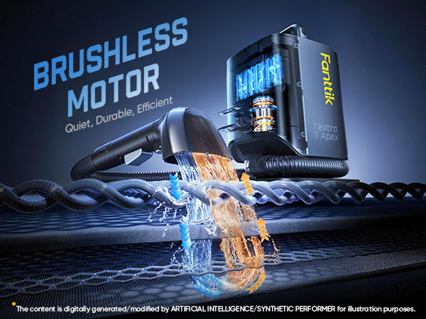 A Cordless Carpet Cleaner nozzle shown beside a black brushless motor unit labeled Fanritik, with stylized water spray and orange debris being cleared over a dark textured floor. Large text reads 'BRUSHLESS MOTOR' and 'Quiet, Durable, Efficient.