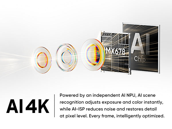 Promotional graphic for an AI 4K camera chip showing three colorful lens elements, a chip labeled MX678, a black AI Chip panel with white 'AI' text, and descriptive text about AI scene recognition and AI ISP on a light gray background.