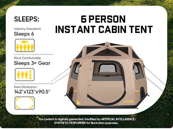 A promotional graphic for a 6-person instant cabin tent, showing a tan and black tent on a grassy background with text detailing its size, comfort, and dimensions. The graphic includes icons indicating it sleeps 6 people and is suitable for 3+ gear.