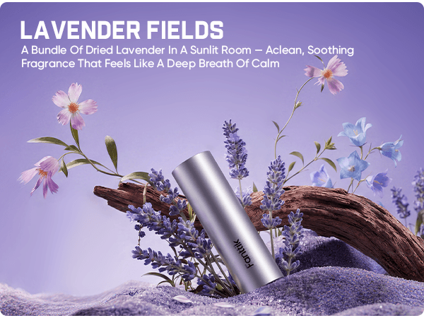 A sleek silver cylindrical bottle labeled 'funik' rests on lavender flowers and a piece of driftwood against a soft lavender background, with marketing text at the top reading 'LAVENDER FIELDS'.