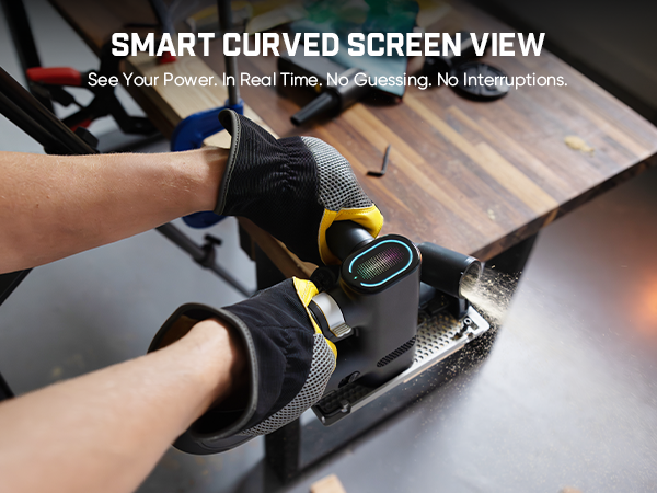 A person wearing black and yellow gloves uses a Fanttik O11 Apex Cordless Circular Saw with a curved screen view on a workbench. White text at the top reads 'SMART CURVED SCREEN VIEW' with a subtitle about seeing power in real time without interruption.