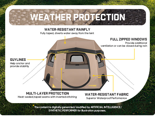 An infographic diagram titled 'WEATHER PROTECTION' showing a beige and brown camping tent with callouts pointing to features like water-resistant rainfly, full zipped windows, guylines, and multi-layer protection, set against a grassy background with a white rounded card.