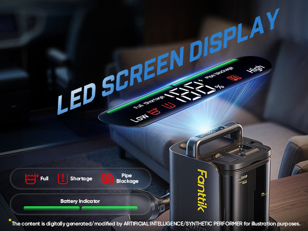 A Cordless Carpet Cleaner with a handle and carrying strap, shown projecting an illuminated digital dashboard display onto a car seat. The scene includes large text reading 'LED SCREEN DISPLAY,' feature callouts such as full/shortage/pipe blockage and battery indicator, and a car interior background.