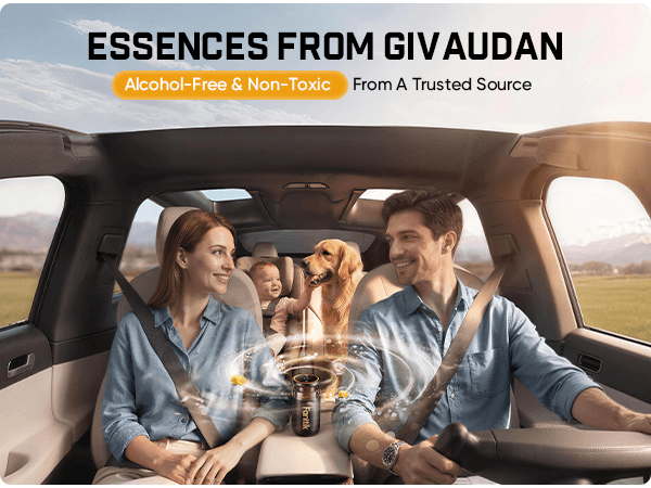 A car interior scene with a man driving, a woman in the front seat, a child in the back, and a dog in the rear seat. Large text at the top reads 'ESSENCES FROM GIVAUDAN' with 'Alcohol-Free & Non-Toxic From A Trusted Source.