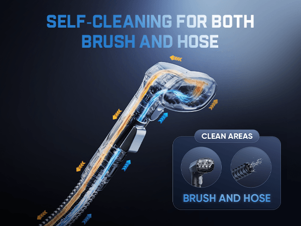 Illustration of a cleaning brush and hose with self-cleaning feature on a dark background