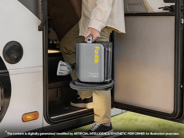 A person standing in the open doorway of an RV is holding a compact Cordless Carpet Cleaner. The vacuum is gray with a clear dust bin and a yellow Fartix logo.