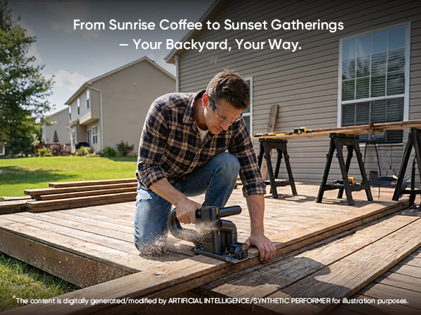 A man in a plaid shirt kneels on a wooden deck outdoors, using a circular saw to cut wood boards. A house, lawn, and work stands are visible in the background, with promotional text overlaid at the top and bottom.