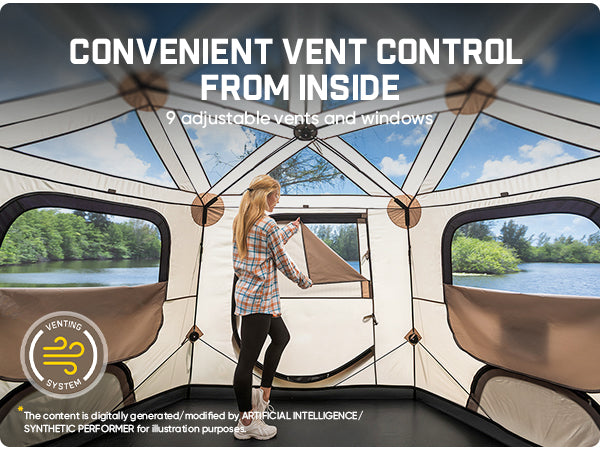 A woman stands inside a large camping tent with an open window, showing adjustable vent control and multiple windows. The tent interior is cream and brown with a dark floor, and the background outside the tent shows a lake and trees.