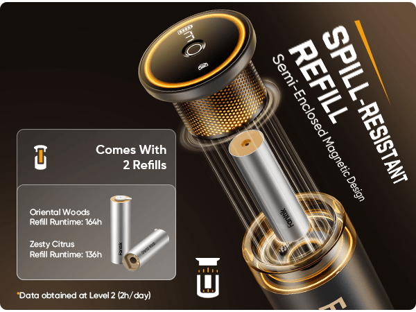Spill-resistant refill with packaging details on a black background