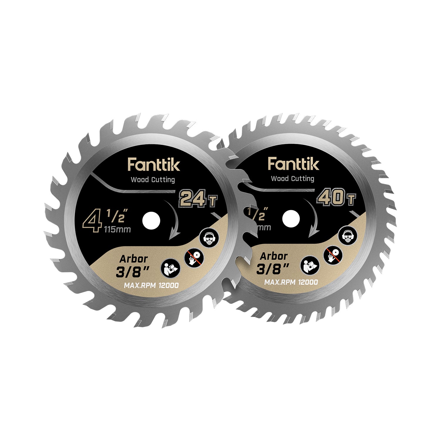 Two Fanttik 3/8" wood cutting circular saw blades, one 24T and one 40T, shown overlapping on a solid white background.