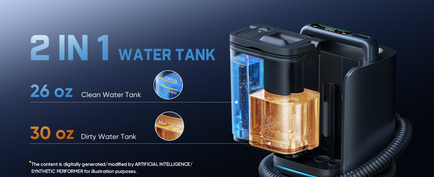 A 2-in-1 water tank device shown on a dark blue gradient background with text labels indicating 26 oz clean water tank and 30 oz dirty water tank. The device has a black body with a transparent upper section showing blue liquid and a lower amber-colored tank.