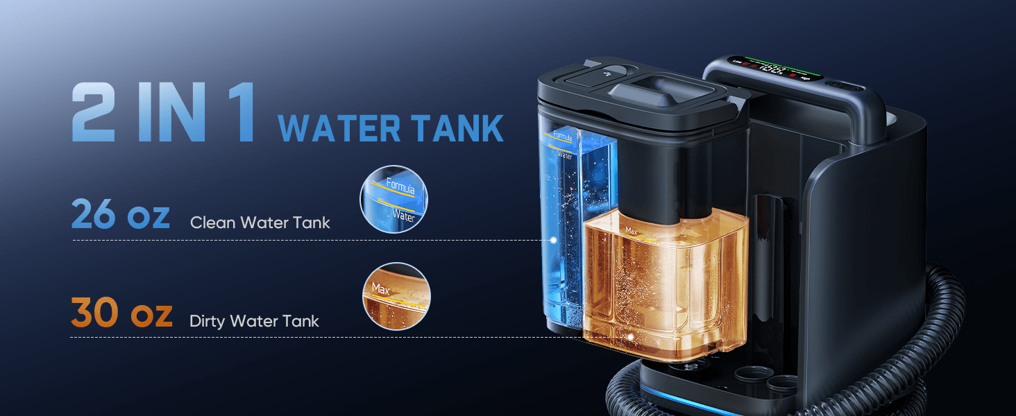 Fanttik Textra 11 Apex Cordless Carpet and Upholstery Cleaner's 2-in-1 water tank with clean and dirty water tanks on a dark background
