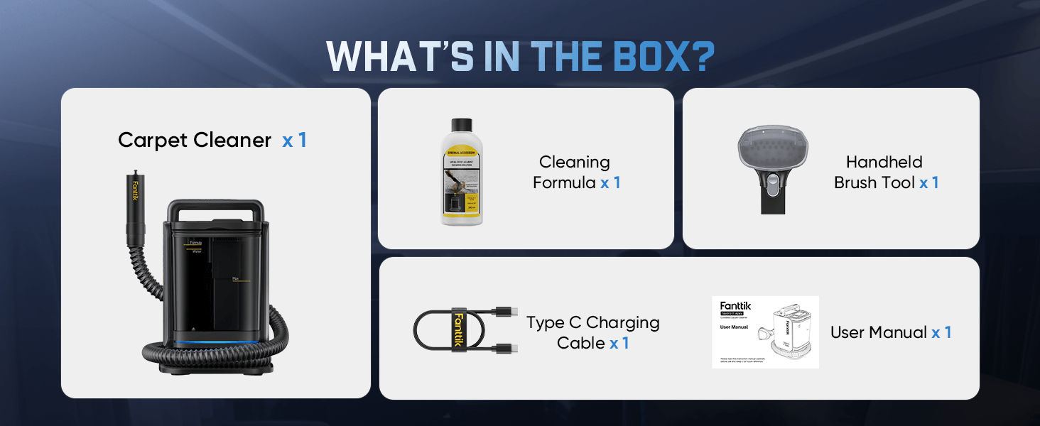 Product packaging list with Fanttik Textra 11 Apex Cordless Carpet and Upholstery Cleaner, cleaning formula, handheld brush tool, charging cable, and user manual on a blue background.