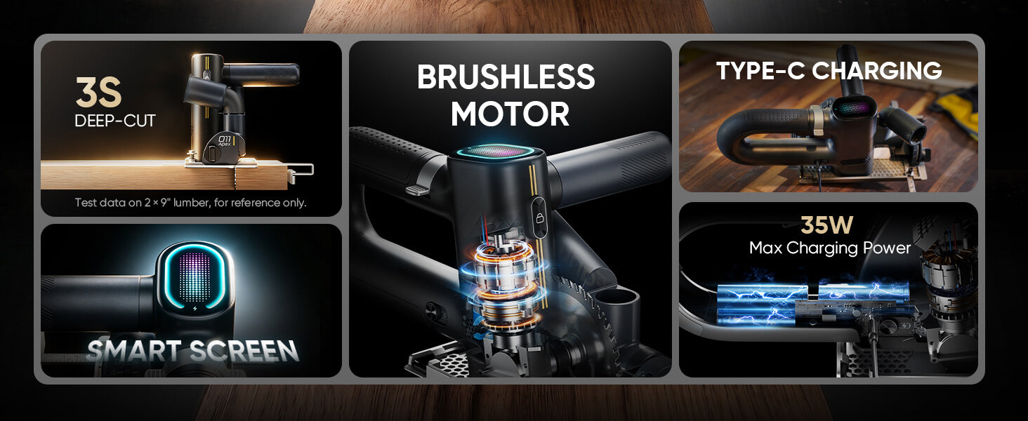A promotional graphic for a Fanttik O11 Apex Cordless Circular Saw, showing four panels: a deep-cut 3S handlebar, a brushless motor with a glowing blue center, a Type-C charging port, and a smart screen. The panels are arranged on a dark wood background with white text labels.