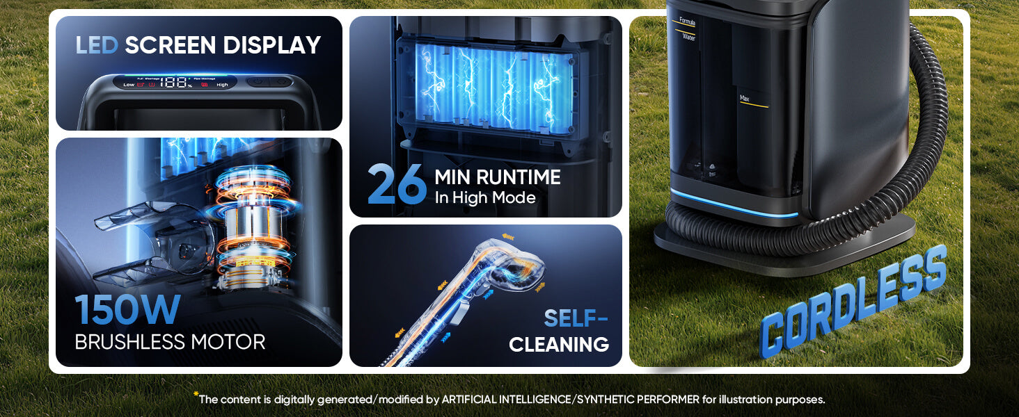 A promotional graphic for a Cordless Carpet Cleaner. The right side shows the black cleaner with a hose on a grassy background, while the left side features four inset feature panels highlighting an LED screen display, 26 min runtime in high mode, a 150W brushless motor, and self-cleaning capability.