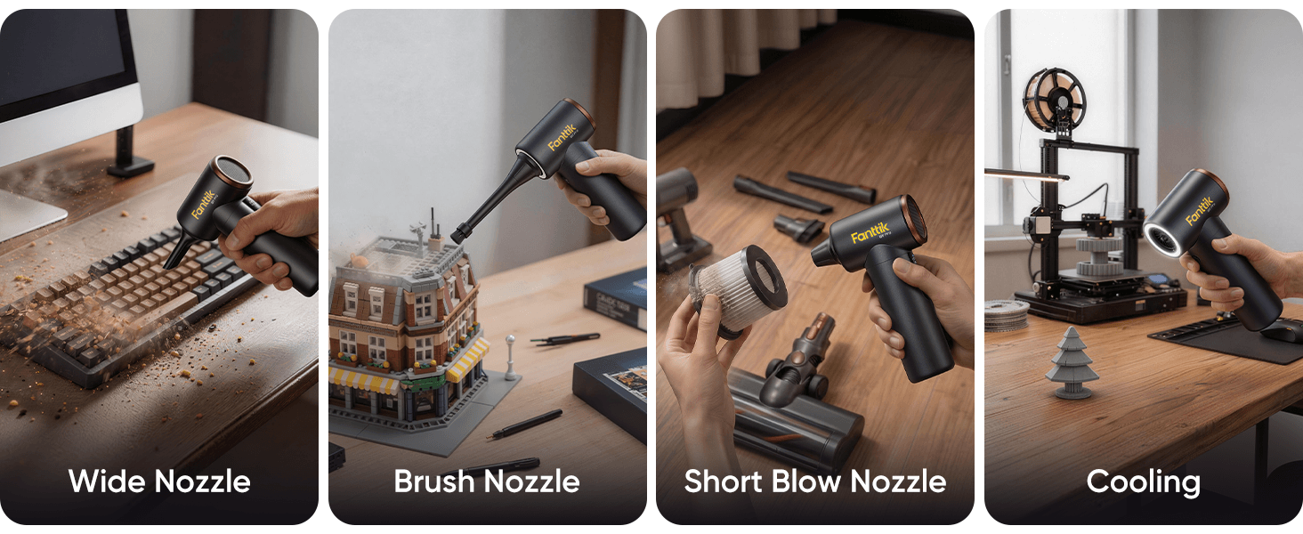 Four-panel comparison showing a black Fanttik B11 Pro Electric Air Duster with different nozzle modes: wide nozzle, brush nozzle, short blow nozzle, and cooling mode, each demonstrated on a desk with various small objects.