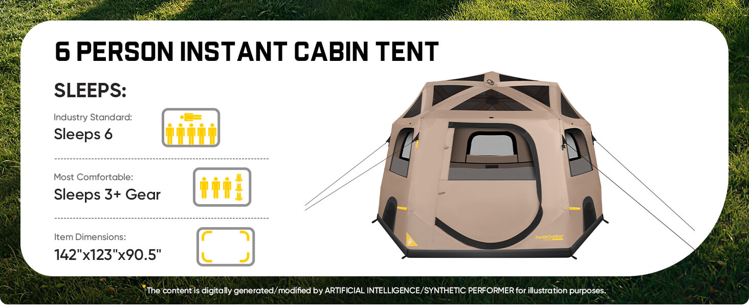 A promotional graphic for a 6-person instant cabin tent, showing a beige and black tent on a white panel with text listing sleeping capacity, comfort, and dimensions, set against a grassy background.