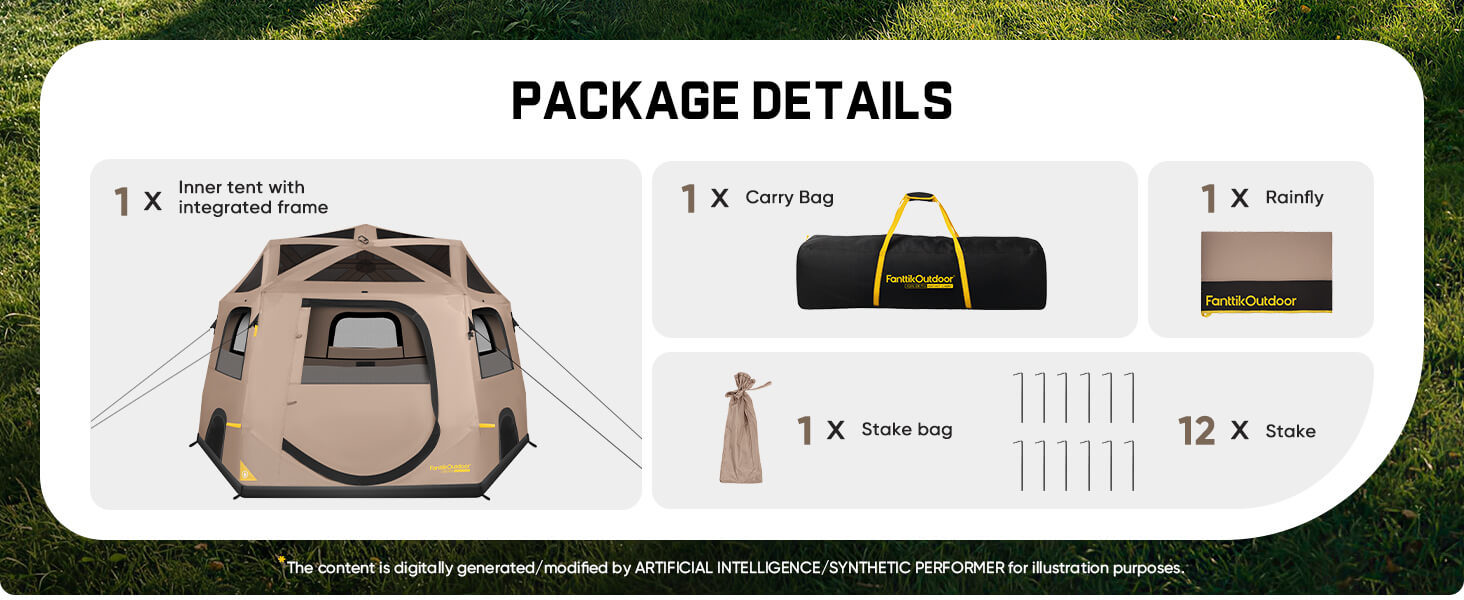 A product package details infographic showing a beige and brown pop-up tent, a black carry bag, a rainfly, a stake bag, and 12 stakes on a white card over a green grass background.