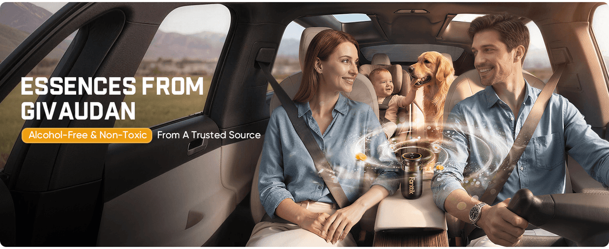 A family travels in a car with a man and woman in the front seats and a dog in the back. A bottle of car air freshener is shown in the center console with a graphic overlay reading 'ESSENCES FROM GIVAUDAN' and 'Alcohol-Free & Non-Toxic'.
