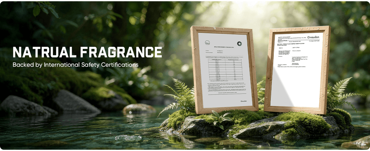 Two framed documents displayed on mossy rocks in a forest stream, with large text reading 'NATURAL FRAGRANCE' and smaller text 'Backed by International Safety Certifications' on the left.
