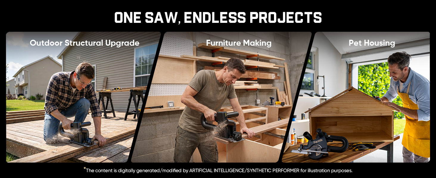 Promotional banner with the headline 'ONE SAW, ENDLESS PROJECTS' above three diagonal panels showing men using a circular saw for outdoor structural upgrade, furniture making, and pet housing. The bottom includes a disclaimer about AI/illustrative content.