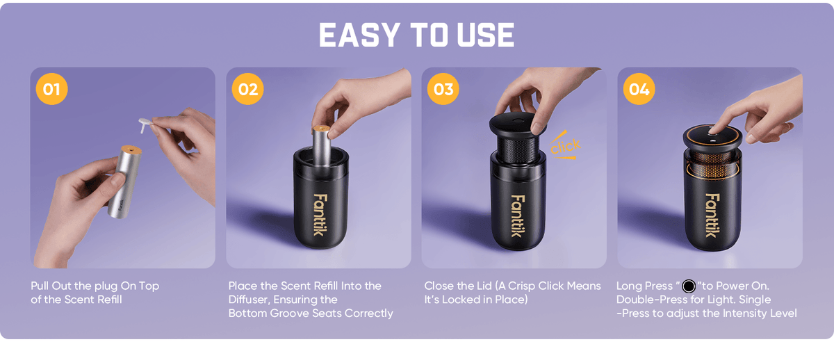 Instruction graphic showing how to use a black Fonlik diffuser scent refill with four numbered steps on a purple background.