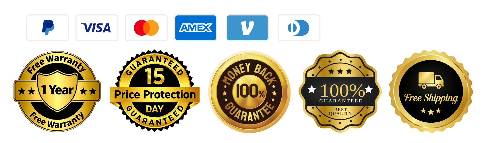 A row of five gold and black promotional badges with text including 'Free Warranty', '15 Year Price Protection Guaranteed', '100% Money Back Guarantee', '100% Guaranteed', and 'Free Shipping', plus payment logos at the top on a white background.