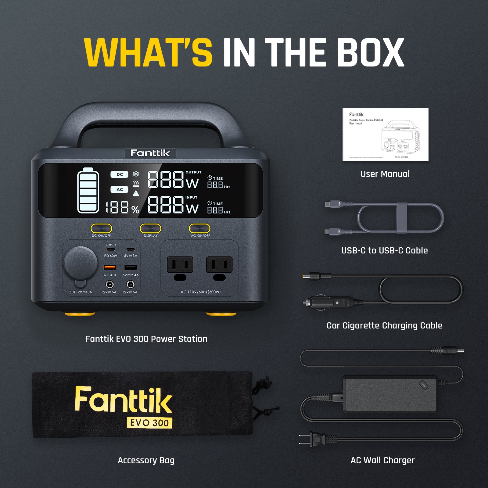 The package includes Fanttik Power Station, users mannual,USB cable,AC Wall Charger