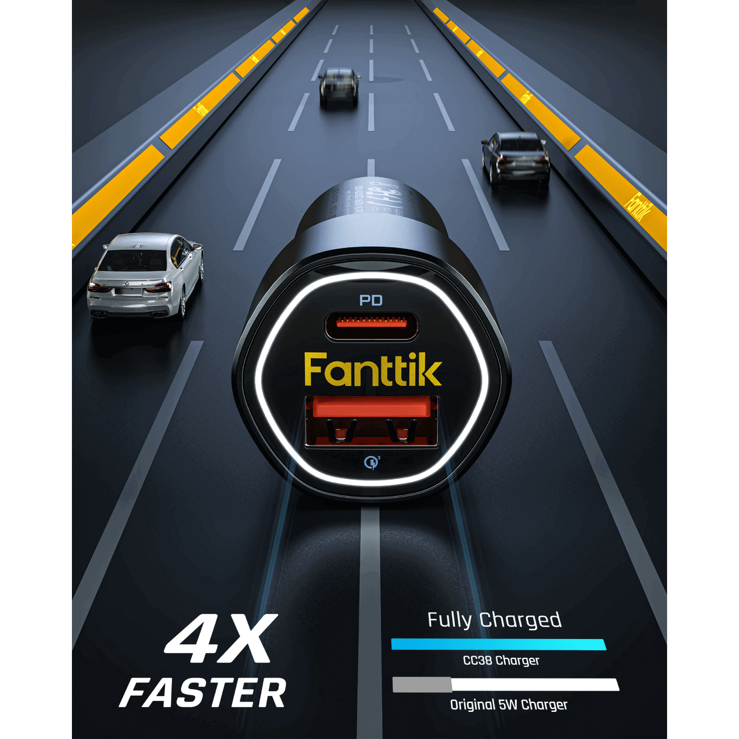 Fanttik 38W USB C Car Charger can intelligently charge 2 devices simultaneously at full speed with type c PD20W & USB QC18W output, up to 4X faster charging speed than the standard charger.