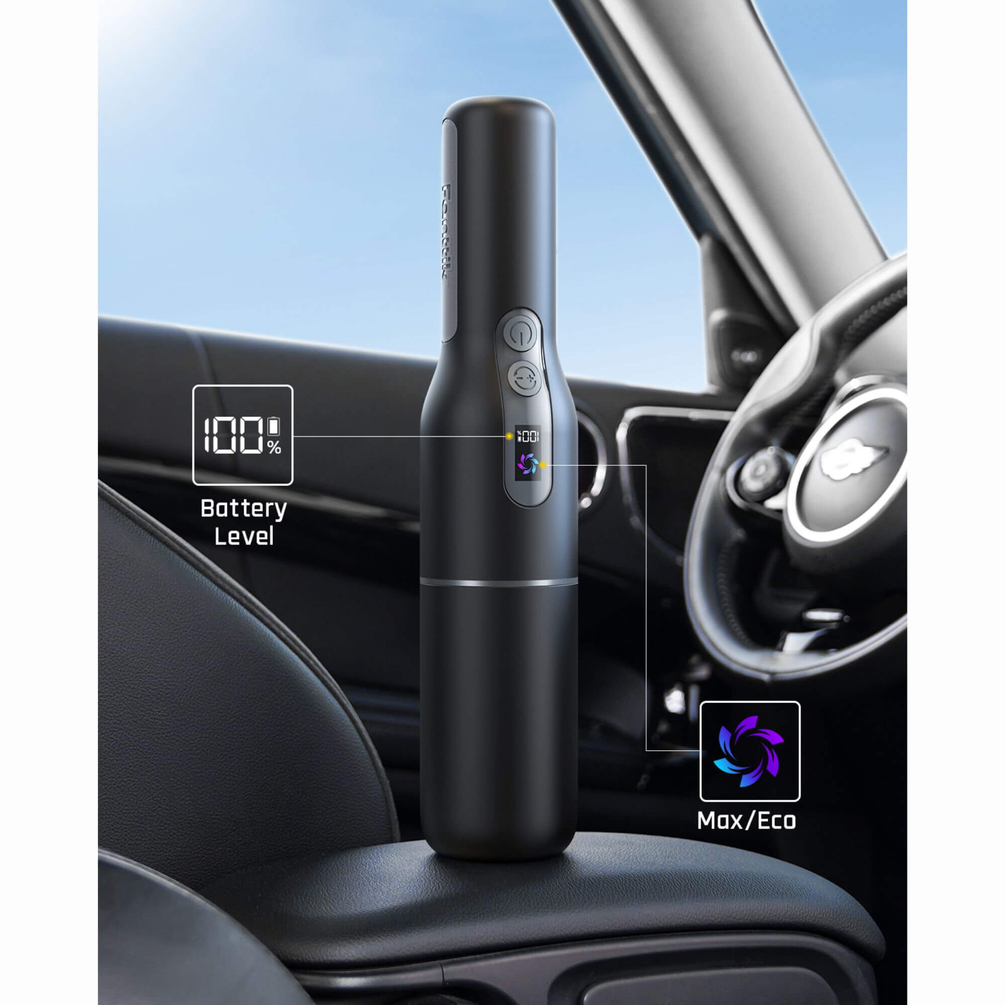 Fanttik V7 pocket cordless car vacuum with intelligent color screen display enables monitoring the state of the vacuum, gear, power, and suction - at a glance. Enjoy the convenience of the intelligent age.