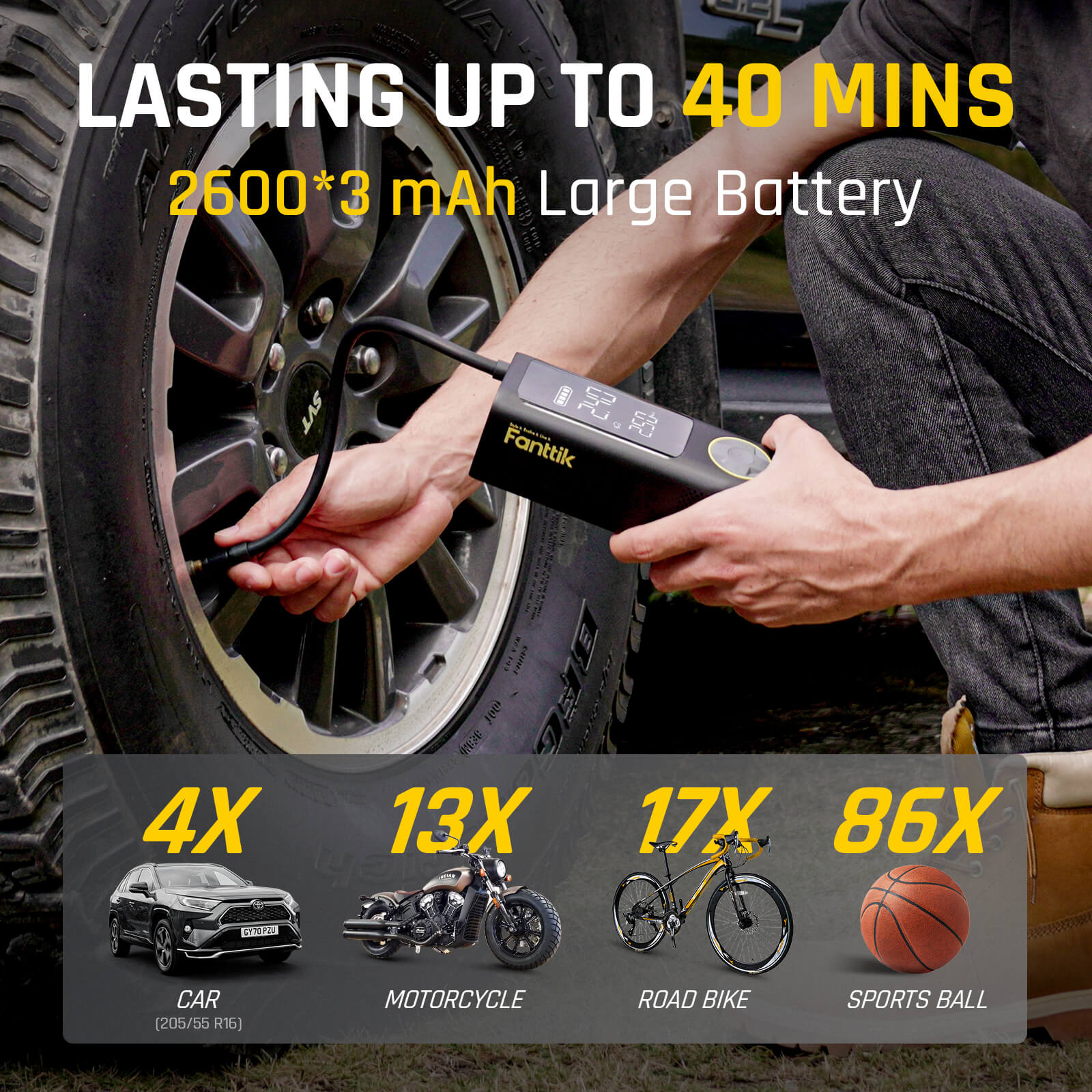 7800mAh battery, X8 APEX is perfect for inflating cars, motorcycles, bikes, balls, and other inflatables, including new-energy vehicles like Tesla
