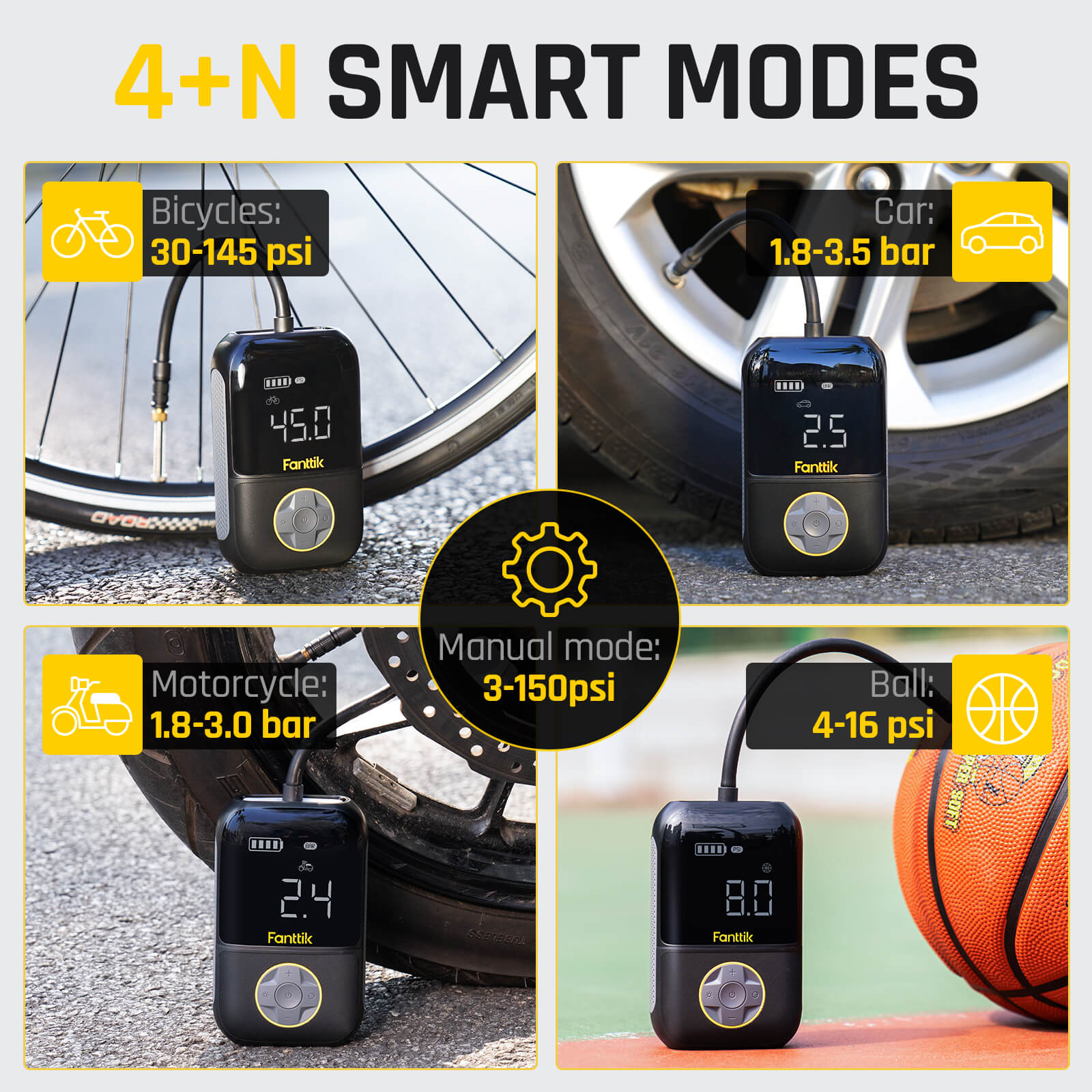 4 types of preset inflation modes are clearly displayed on the large LED screen, convenient for you to choose. The manual mode allows you to set pressure value according to the inflation object and the inflation stops automatically at the set pressure. 