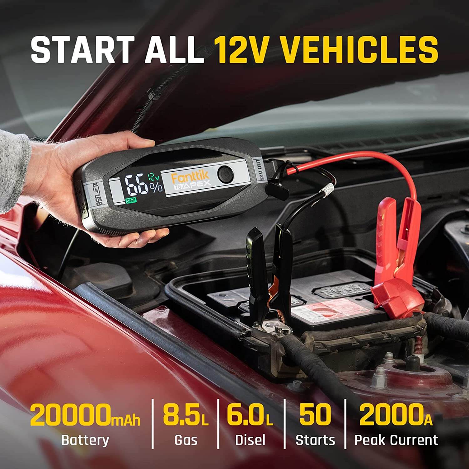 Fanttik Jump Starter could start all 12V vehicles, 2000 amp peak current allows jumping start up to 8.5L Gas / 6.0L Diesel vehicles. It can achieve 50 times jump-start with 20000 mAh battery capacity when fully charged.