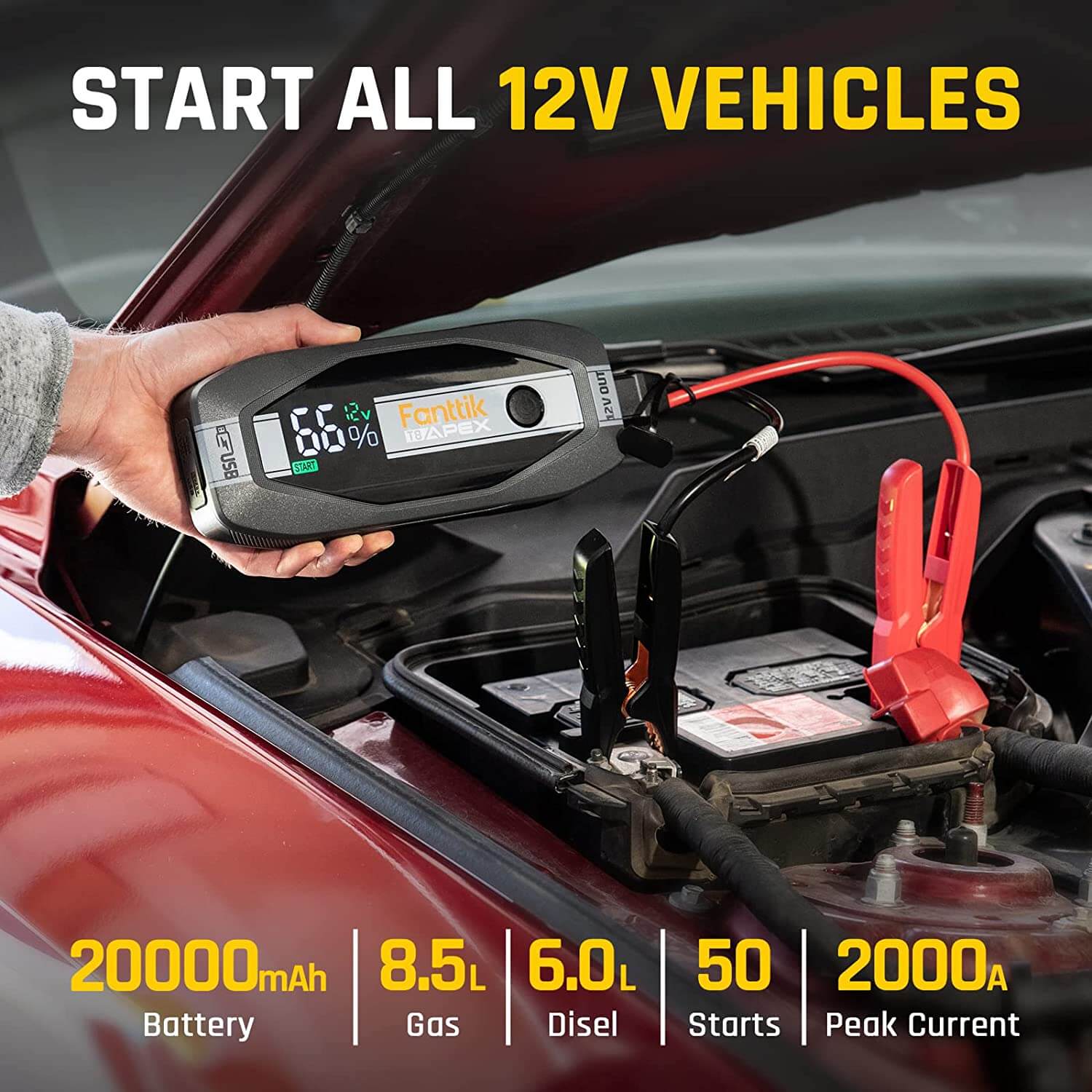 Fanttik T8 Apex 2000 Amp Jump Starter, 65W Two-Way Fast Charging, for Up to 8.5L Gas and 6L Diesel Engines (65w Charger Included)