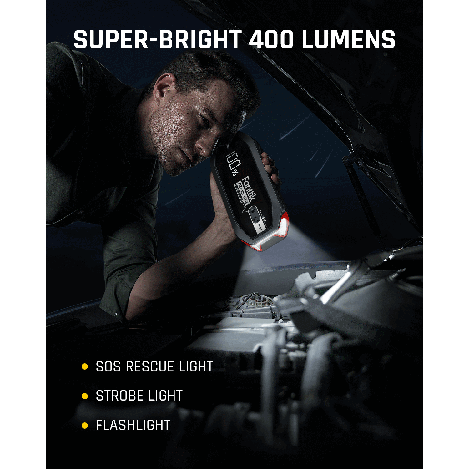 Fanttik T8 MAX Jump Starter with super-bright 400 lumens.