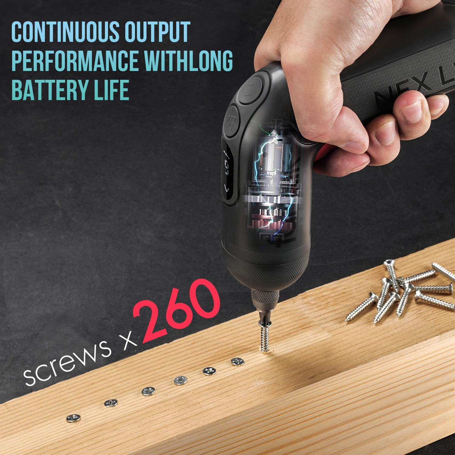 Powered by a 2000 mAh Samsung rechargeable Li-ion battery, this power screwdriver can work 262 screws on one charge.