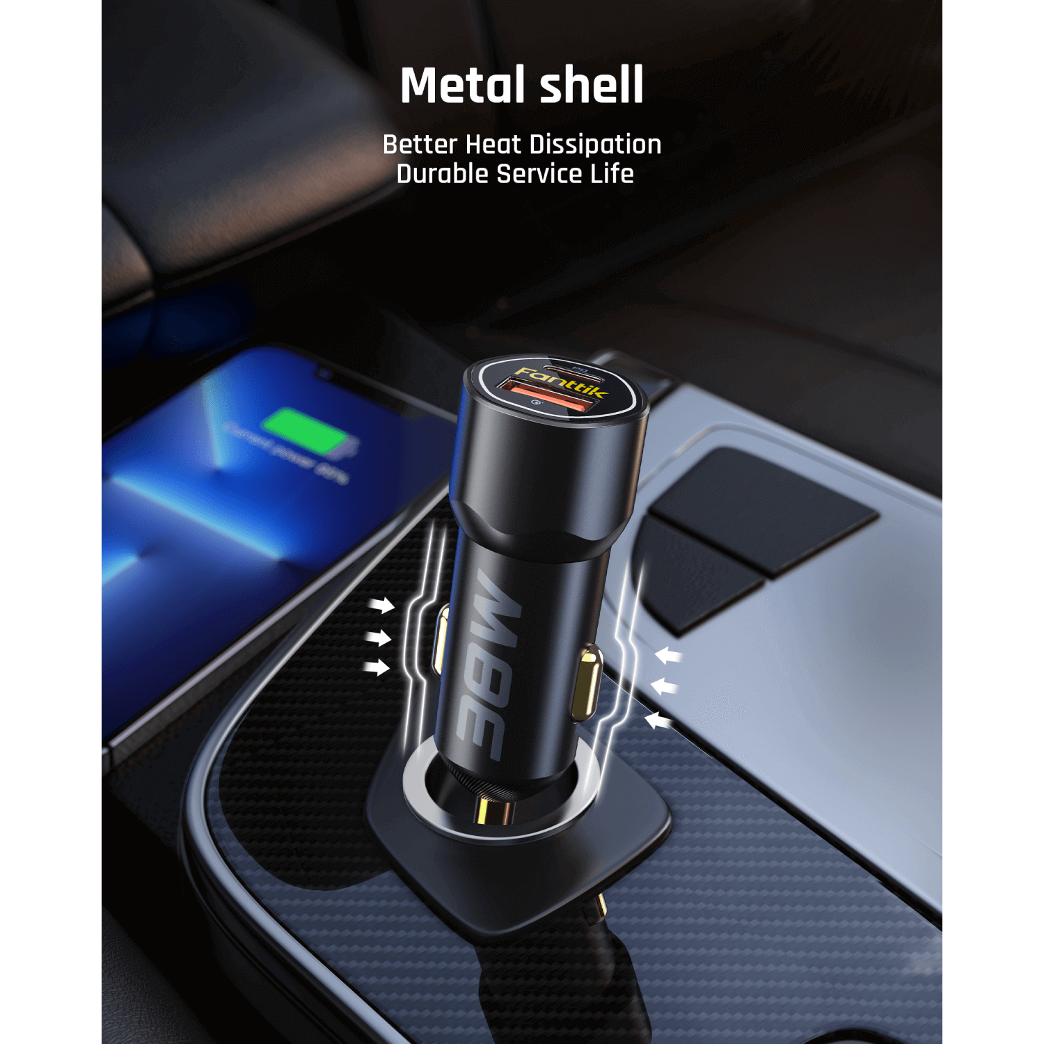 This sturdy aluminum alloy body features exquisite texture and durable service life, and can improve heat dissipation and charging efficiency.